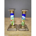 A pair of early 20th century silver and cloisonne candlesticks, marks rubbed, essay Birmingham,