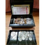 A collection of UK and world coins and banknotes, including some silver and half silver.
