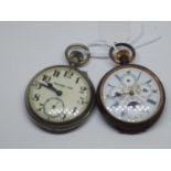 Two pocket watches; one signed 'Railway Time', the other gun metal case with four subsidiary dials.
