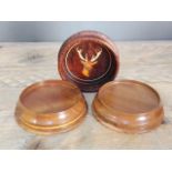 A pair Peter Hall & Son inlaid walnut wine coasters and another inlaid with a stag, diam. 13cm &
