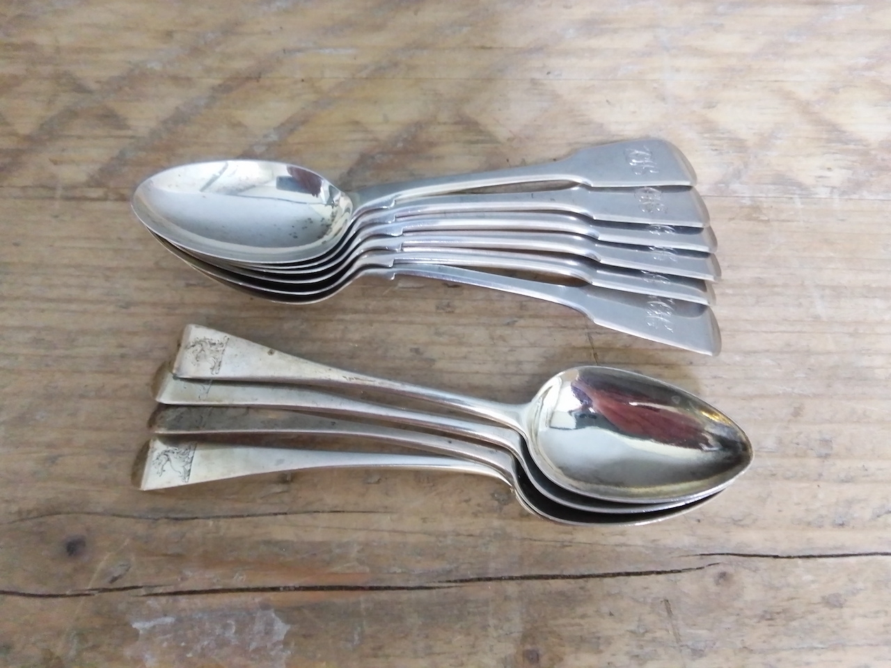 Two sets of silve spoons: Victoria set of six by Emanuel Brothers (Harry Emanuel) London 1858 and