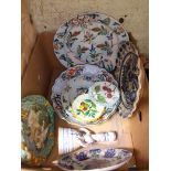 A box of assorted continental ceramics including delft, Quimper etc.