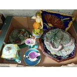 A box of mainly Majolica pottery.