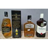 Three bottles of whiskey; The Antiquary 12 year old Scotch Whiskey, Jack Daniels Gentleman Jack