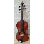 A Stradivarius copy violin, two piece back, length 360mm, in case with bow.