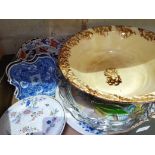 A box of mainly English ceramics including a large proving bowl, a pair of blue and white dishes,