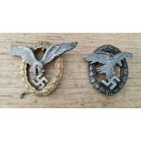 A pair of German WWII Luftwaffe Pilot Observer’s badges, marked on the back OBS. Both in good