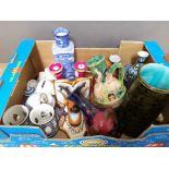 A box of assorted ceramics including a Moorcroft pottery vase (restored), a pottery vase with