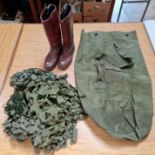 A pair of vintage brown leather boots, possibly military together with an American kit bag and