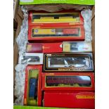 9 model railway items; loco and rolling stock, 00/HO gauge by Triang, Hornby, Trix, etc and a Hornby