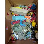 A box of die cast model vehicles, mostly Dinky, some Corgi and Matchbox.