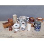 Assorted ceramics including a salt glazed crib, relief moulded pottery, a named loving mug 'John