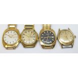 A group of four vintage gold plated watches comprising three automatics: Bulova 23, Limit and
