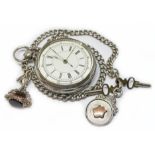 A Swiss open face silver pocket watch, late 19th century, diam. 60mm, white enamel dial with Roman