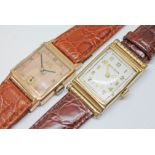 Two Art Deco 10K gold filled manual wristwatches: Bulova 21 jewel and Elgin De Luxe 17 jewel, croc