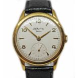 A Zenith Sporto gold plated wristwatch, circa 1960, case diam. 34mm, leather strap. Condition -
