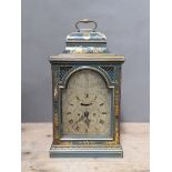 A mid 18th century bracket clock, caddy top with brass handle, green chinoiserie decoration all