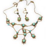 A turquoise set necklace and matching earrings, marked '9ct', length 40cm, gross wt. 10.1g.
