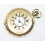 A late 19th century 12ct gold keyless half hunter pocket watch, diam. 52mm, crown wind and adjust,