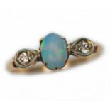 An opal cabochon and diamond ring, unmarked, gross wt. 2.1g, size P.