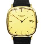 A Longines 18ct gold quartz wristwatch, case width 32mm, later leather strap. Condition - not