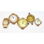 A group of five ladies 9ct gold watches/case, as found, gross wt. 44.8g.