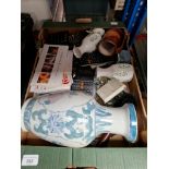 A box of assorted collectables to include spoons, brass cup, ceramics & calculators etc.