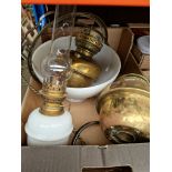 A French large lamp with milk glass shade and funnel together with two vintage brass paraffin