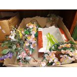 A box of various hardstone trees, glass vases and a Yankee candle.