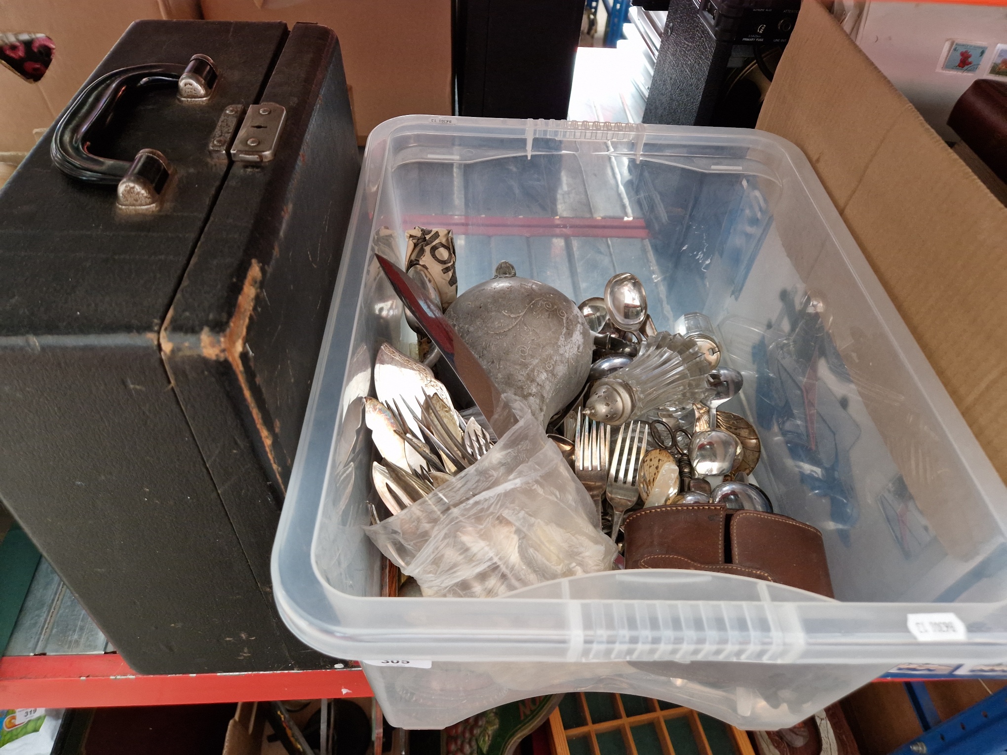 A box of assorted silver plate ware, together with a Remmington typewriter etc.