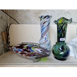 Large glass fish approx 52cm long with 2 multi coloured vases 32cm and 36cm high