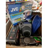 A box of cameras including JVC video camera, Fuji instant camera, etc.