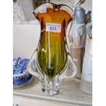 A Murano pulled amber and green glass vases.