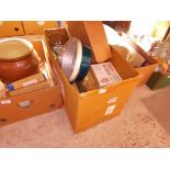 4 boxes of mixed glass, kitchen items, proving bowls, fan heater, tantalus, few pictures, etc.