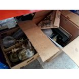 Two boxes of mixed items including metalware, lamps, etc.