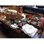 7 boxes of mixed items including Michelin tyre sign / plaque, glassware, shire horses, plated