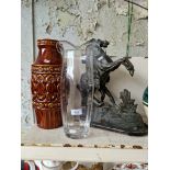 Brown pottery vas, glass vase and spelter Marley horse