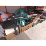 Large quantity of garden tools, electric chainsaw, petrol multi-hedge trimmer, strimmer, battery