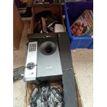 2 boxes of electricals to include projector, headphones, speakers, etc.