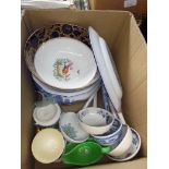 A box of blue and white pottery including soup ladles, Cauldon, Royal Doulton etc.