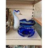 Art glass - a very heavy large blue bowl 27cm across at widest point together with a blue & white