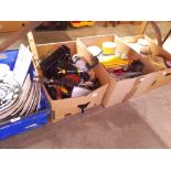 4 boxes of mixed items including tools, kitchenware, plates, jars, some glass, etc.