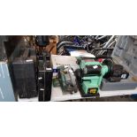 A pillar drill together with a belt sander, circular saw, rotary hammer drill, Hitachi electric