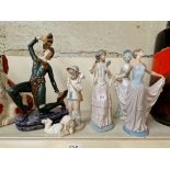 Lladro figure (broken finger), two Nao figures, two others and a repro Art Deco figure