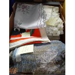A box of linen, wall hanging throw, hand printed ethnic fabrics, etc.