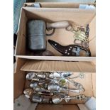 Two boxes containing cutlery and metalware including James Dickson & Sons hip flask, Firenze