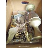 A box of brass ware, metal ware, etc.