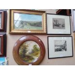 Two etchings by Joseph Knight, harbour scenes, a framed painted plate and a gilt framed picture.