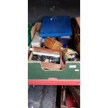 A box of miscellaneous to include Royal Worcester plate, a student microscope, Royal memorabilia,