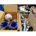 A box of various items including a pair of vases, a globe, ornaments, etc together with a box of